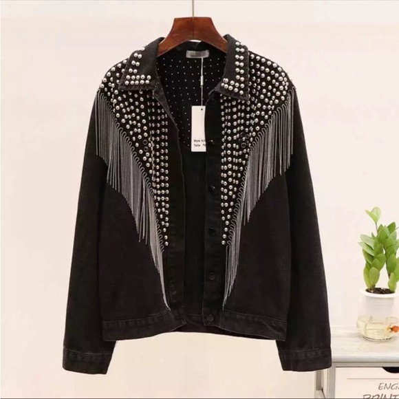 #46 NEW! Black Oversized Studded Chain Fringe Denim Jacket/Coat - Picture 2 of 8